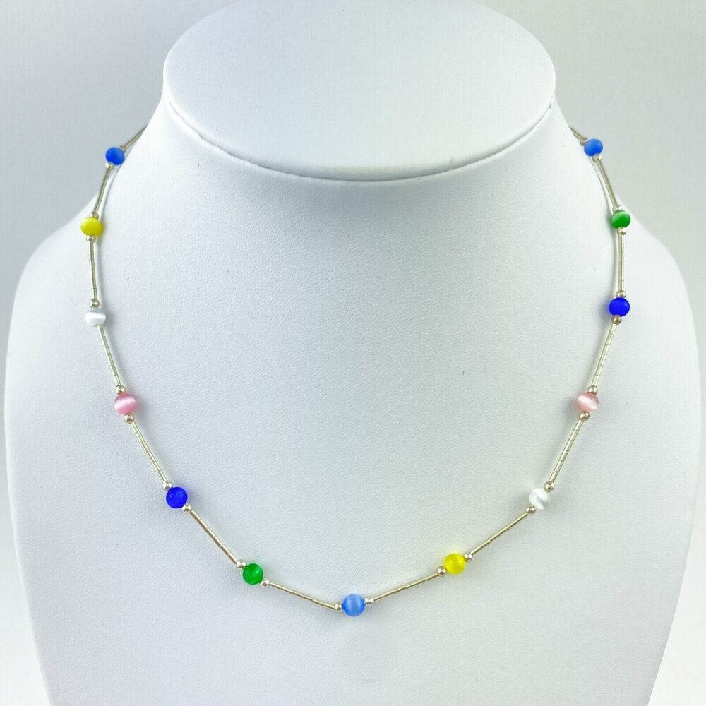 Vintage Sterling Silver 925 Multicolor Cat’s Eye Necklace 15.75"